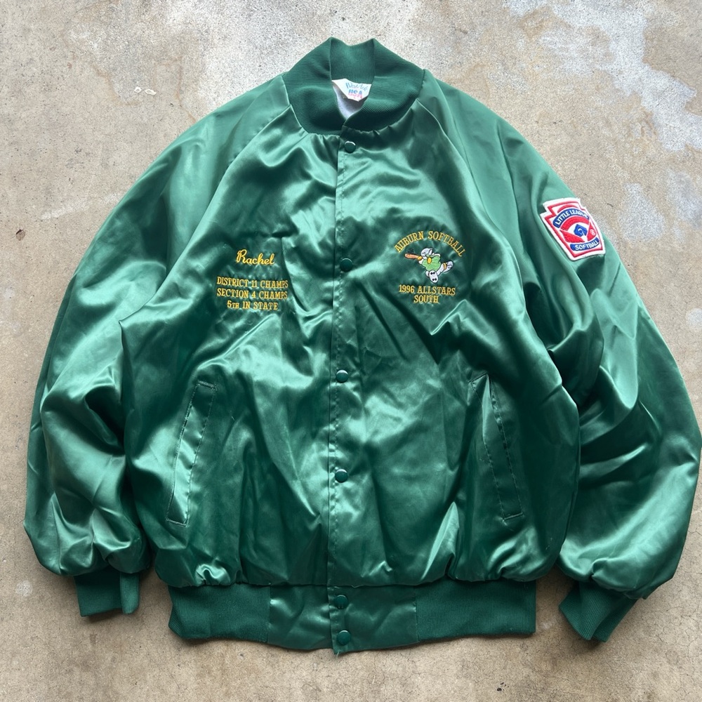 Green Satin Bomber Jacket with Embroidered Patches